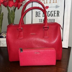 Authentic New Furla Elena Medium Leather Satchel Bag and Wallet in Ruby Red EUC